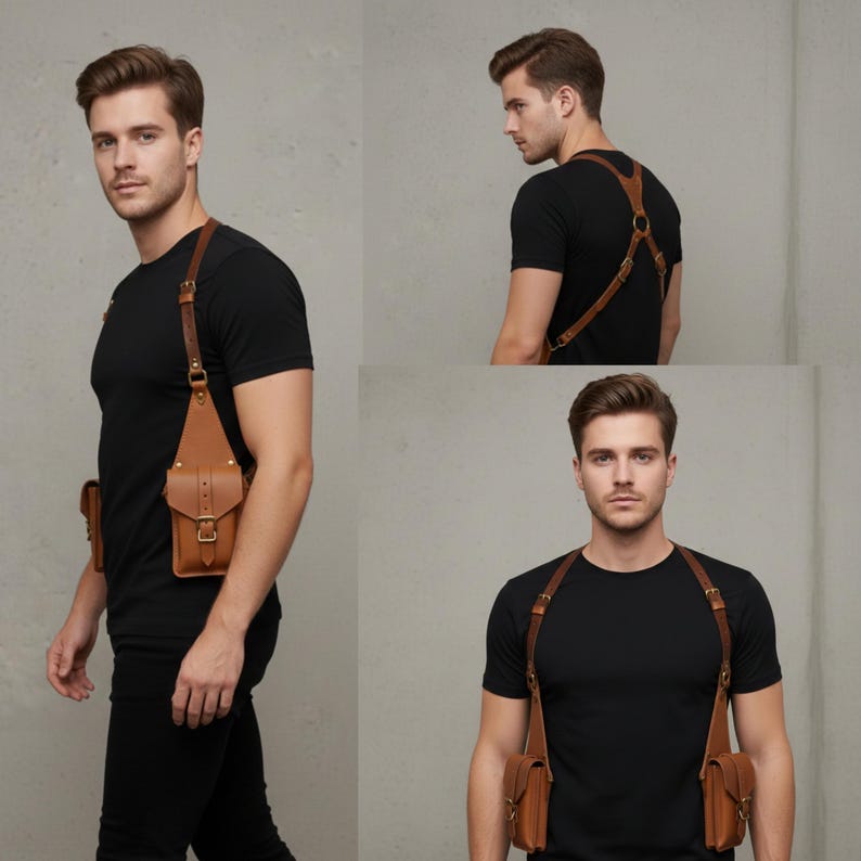 Brown Holster handmade leather Bag, Adjustable Shoulder Harness Pouch, Vintage Utility Festival Travel Bag, gift for Him.