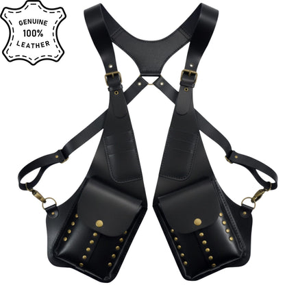Premium Black Leather Double Holster Bag , Adjustable Leather Harness with Brass Studs , Men's Utility Pouch Rig , Unique Gift for Him.