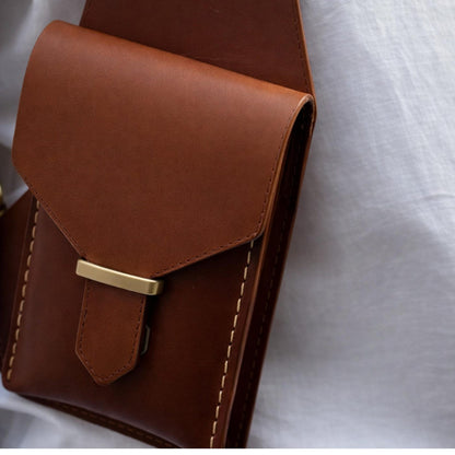 Unisex Brown Leather Holster Chest Bag, Handmade Crossbody Travel Bag, Anti Theft Underarm Shoulder Utility Bag.