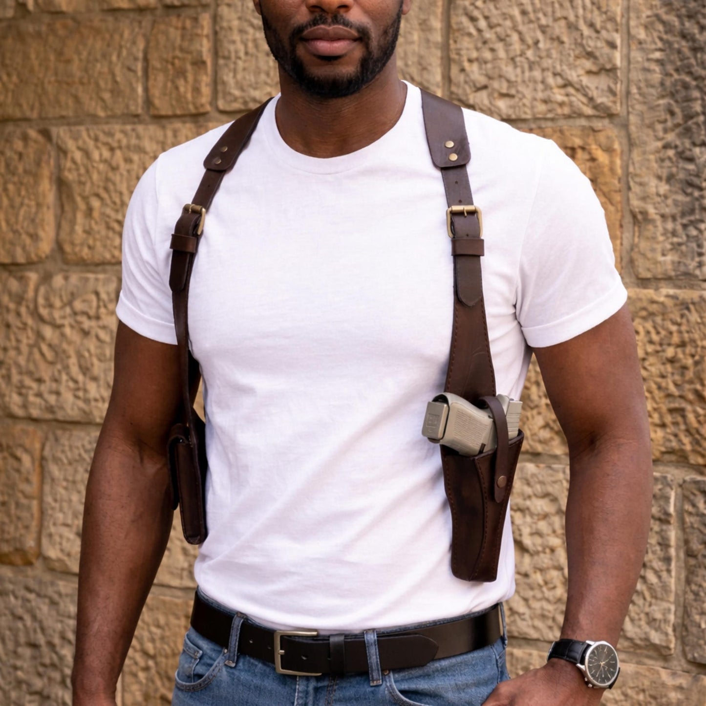 Premium Leather Gun Holster Bag for Men , Handmade Chest Harness ,Adjustable Hunting holster.