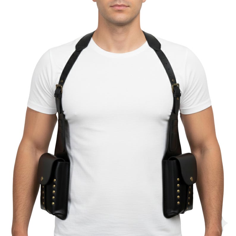 Premium Black Leather Double Holster Bag , Adjustable Leather Harness with Brass Studs , Men's Utility Pouch Rig , Unique Gift for Him.