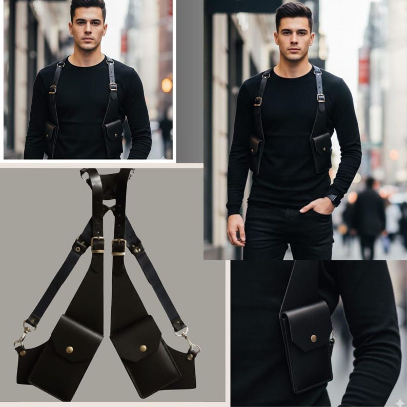 Handmade Genuine Leather Shoulder Holster Harness Bag , Adjustable Dual Pouch Leather Chest Rig, Best Gift For Him.