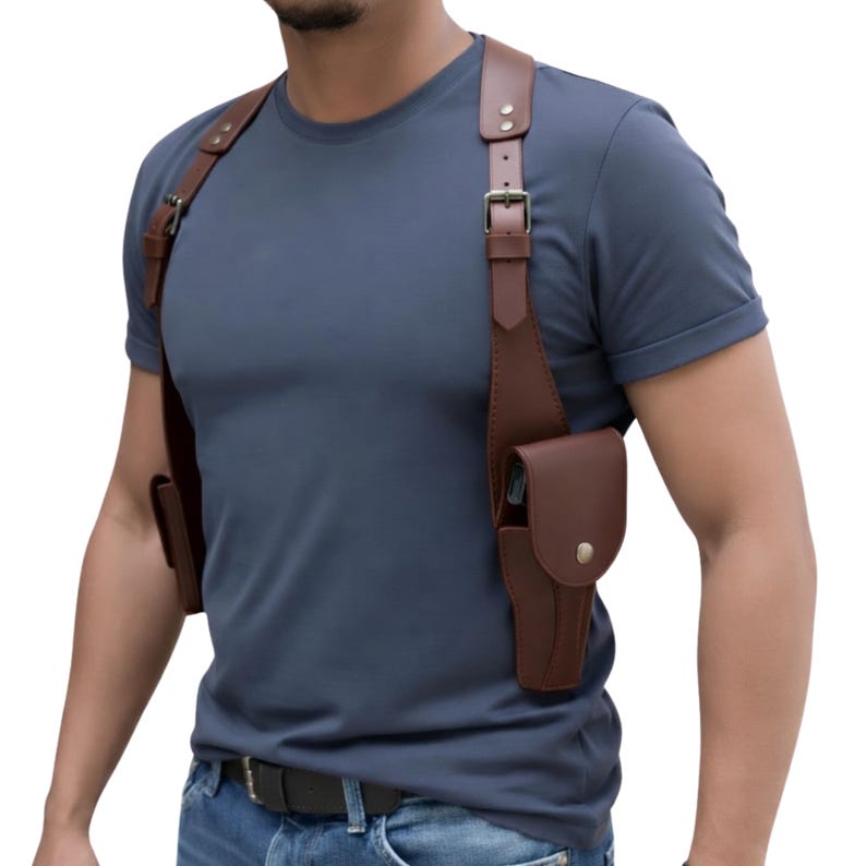 Genuine Leather Shoulder Holster for Men, Handmade Brown Leather Vertical Holster, Adjustable Crossbody Gun Holster, Concealed Carry Harness