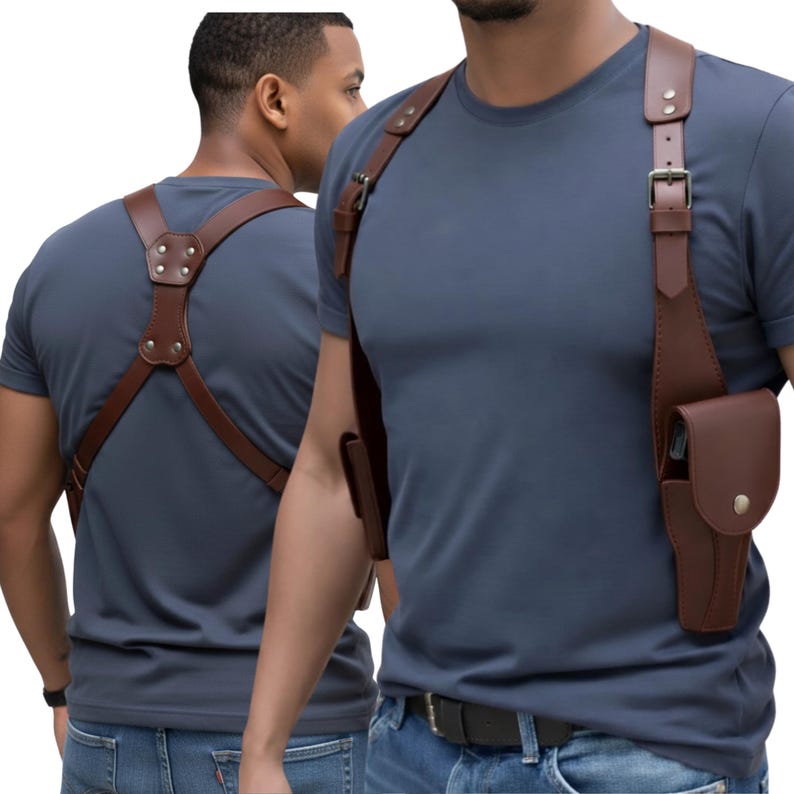 Genuine Leather Shoulder Holster for Men, Handmade Brown Leather Vertical Holster, Adjustable Crossbody Gun Holster, Concealed Carry Harness