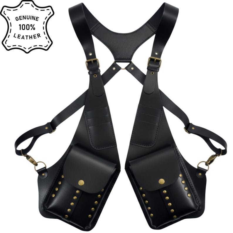 Premium Black Leather Double Holster Bag , Adjustable Leather Harness with Brass Studs , Men's Utility Pouch Rig , Unique Gift for Him.