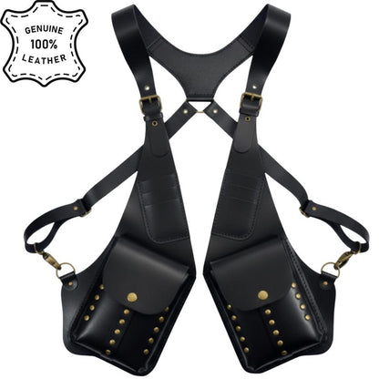 Premium Black Leather Double Holster Bag , Adjustable Leather Harness with Brass Studs , Men's Utility Pouch Rig , Unique Gift for Him.