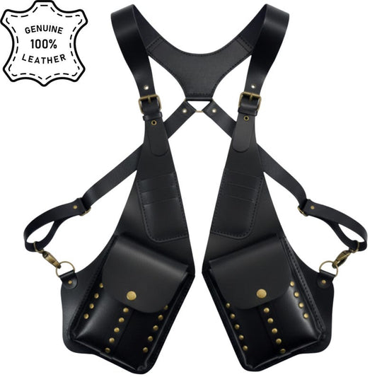 Premium Black Leather Double Holster Bag , Adjustable Leather Harness with Brass Studs , Men's Utility Pouch Rig , Unique Gift for Him.