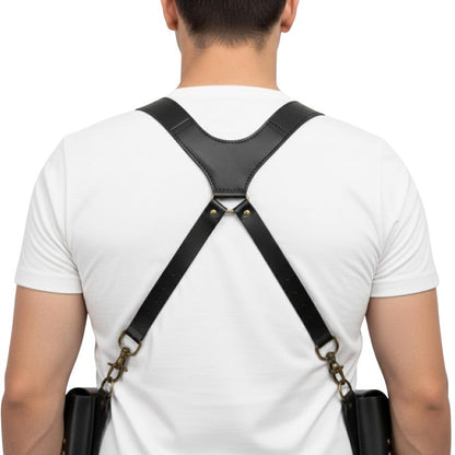 Premium Black Leather Double Holster Bag , Adjustable Leather Harness with Brass Studs , Men's Utility Pouch Rig , Unique Gift for Him.