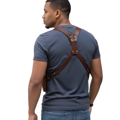 Genuine Leather Shoulder Holster for Men, Handmade Brown Leather Vertical Holster, Adjustable Crossbody Gun Holster, Concealed Carry Harness