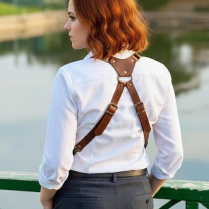 Premium Leather , Double Holster Bag , Adjustable Leather Harness with Brass Studs ,Unique Gift for Him or Her . unisex leather harness