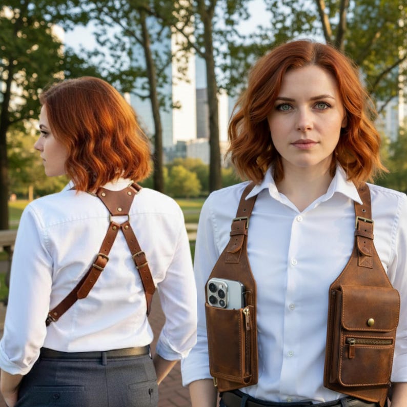 Premium Leather , Double Holster Bag , Adjustable Leather Harness with Brass Studs ,Unique Gift for Him or Her . unisex leather harness