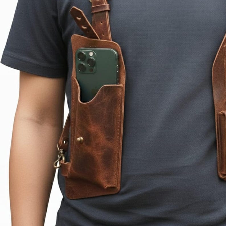 Premium Leather Chest Holster Bag , Phone & Wallet Shoulder Harness, Gift For Him Or Her .