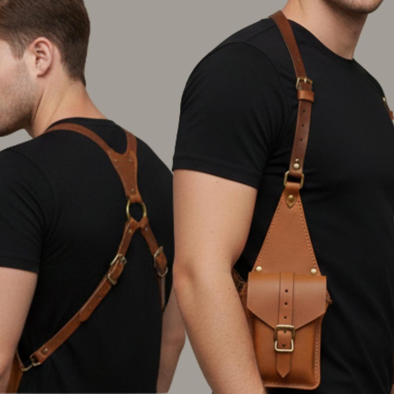 Brown Holster handmade leather Bag, Adjustable Shoulder Harness Pouch, Vintage Utility Festival Travel Bag, gift for Him.