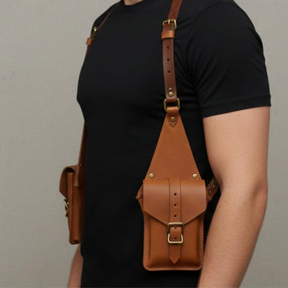 Brown Holster handmade leather Bag, Adjustable Shoulder Harness Pouch, Vintage Utility Festival Travel Bag, gift for Him.