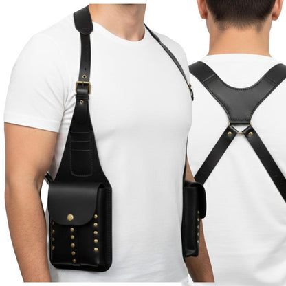 Premium Black Leather Double Holster Bag , Adjustable Leather Harness with Brass Studs , Men's Utility Pouch Rig , Unique Gift for Him.