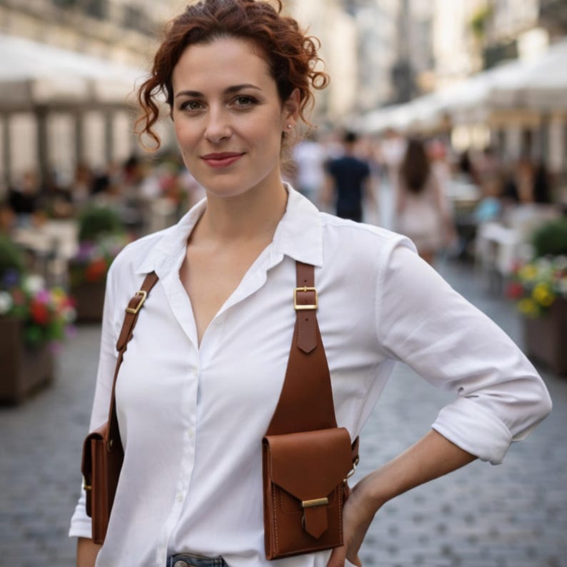 Unisex Brown Leather Holster Chest Bag, Handmade Crossbody Travel Bag, Anti Theft Underarm Shoulder Utility Bag.