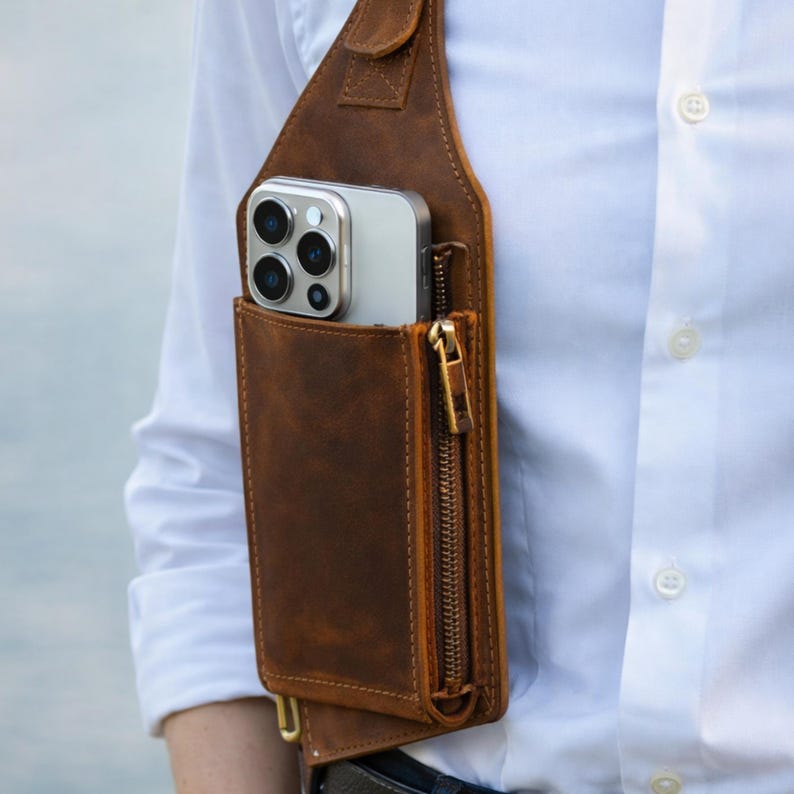 Premium Leather , Double Holster Bag , Adjustable Leather Harness with Brass Studs ,Unique Gift for Him or Her . unisex leather harness