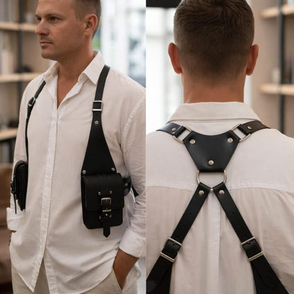 Handmade Black Leather Chest Harness Bag, Adjustable Shoulder Vest Bag