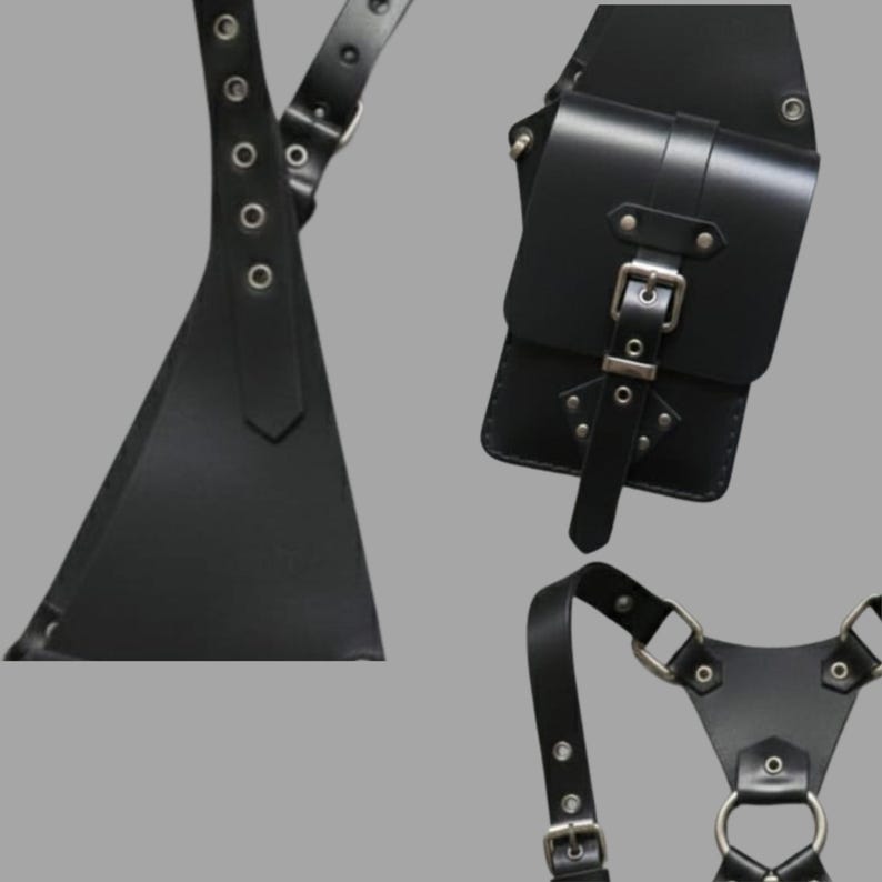 Handmade Black Leather Chest Harness Bag, Adjustable Shoulder Vest Bag