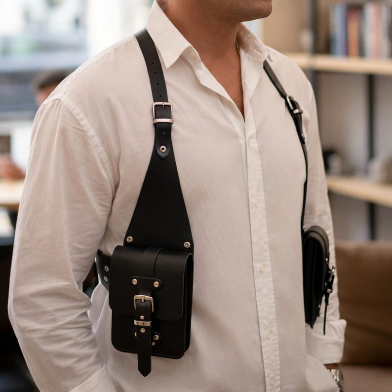 Handmade Black Leather Chest Harness Bag, Adjustable Shoulder Vest Bag