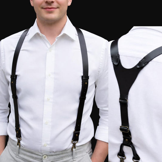 Handcrafted Black Leather Suspenders, Personalized Groomsmen Gift