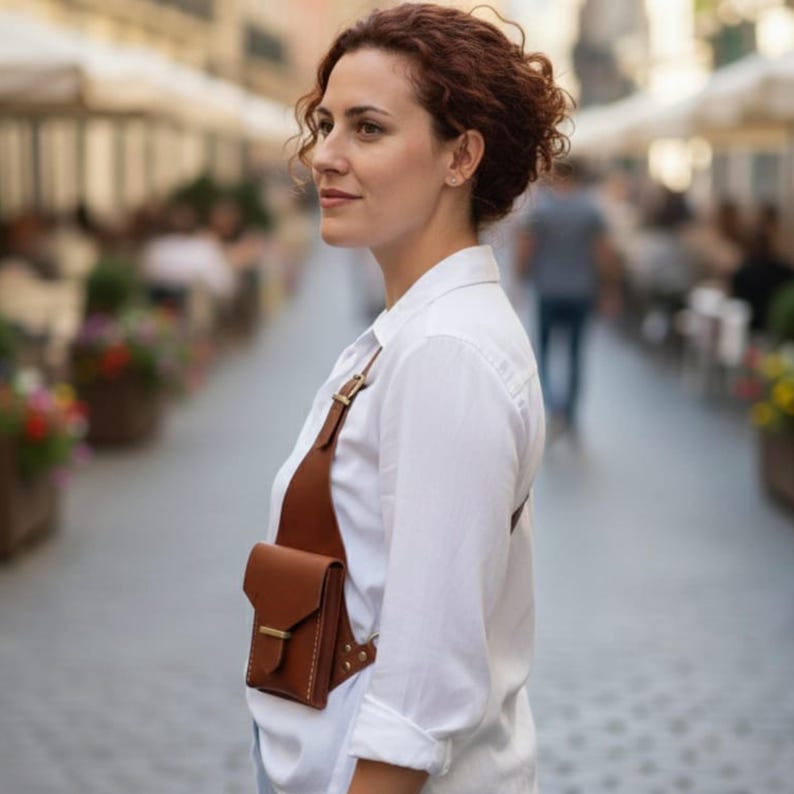 Unisex Brown Leather Holster Chest Bag, Handmade Crossbody Travel Bag, Anti Theft Underarm Shoulder Utility Bag.