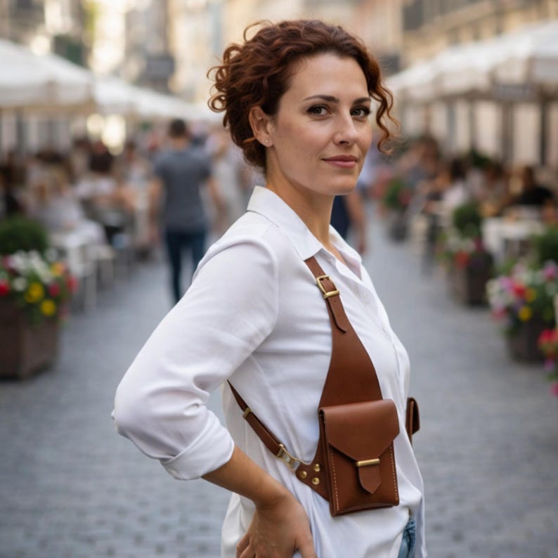 Unisex Brown Leather Holster Chest Bag, Handmade Crossbody Travel Bag, Anti Theft Underarm Shoulder Utility Bag.