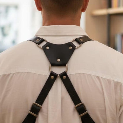 Handmade Black Leather Chest Harness Bag, Adjustable Shoulder Vest Bag