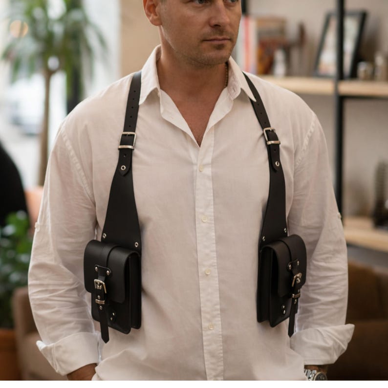 Handmade Black Leather Chest Harness Bag, Adjustable Shoulder Vest Bag
