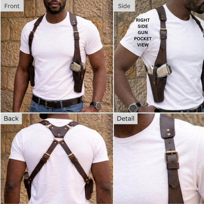 Premium Leather Gun Holster Bag for Men , Handmade Chest Harness ,Adjustable Hunting holster.