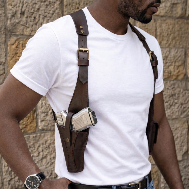 Premium Leather Gun Holster Bag for Men , Handmade Chest Harness ,Adjustable Hunting holster.