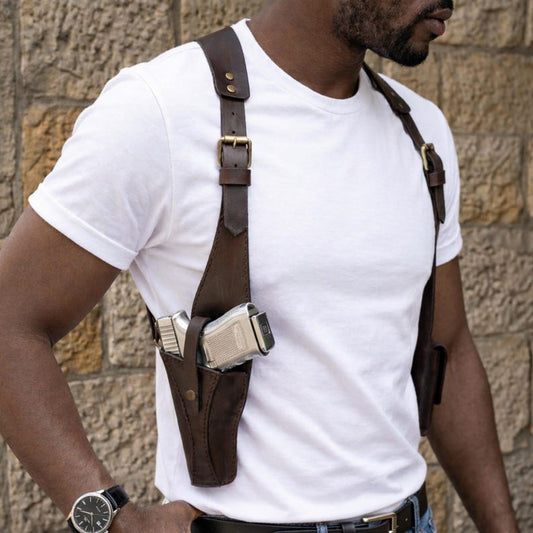 Premium Leather Gun Holster Bag for Men , Handmade Chest Harness ,Adjustable Hunting holster.