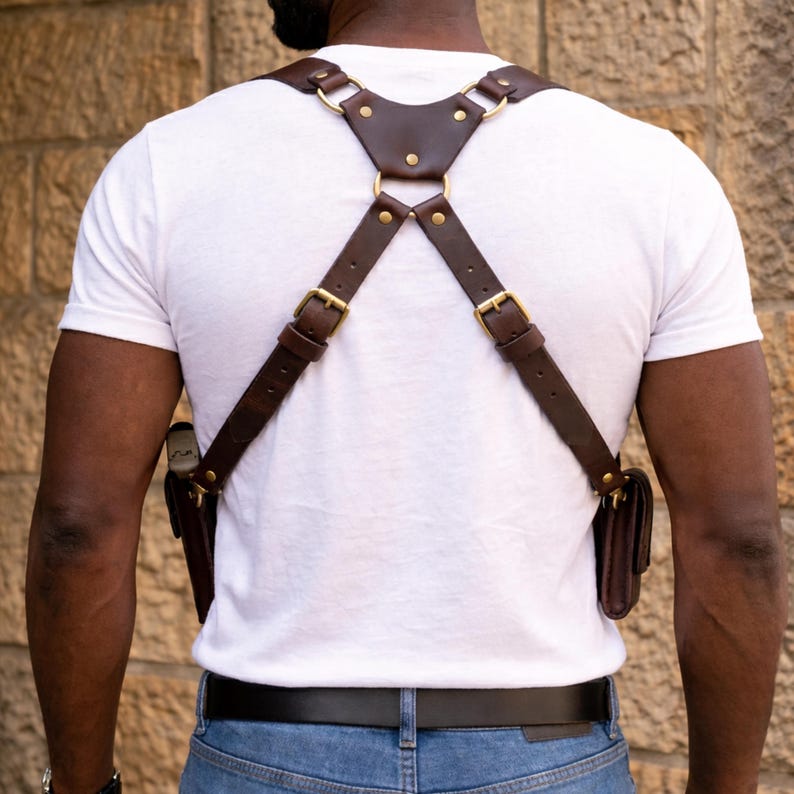 Premium Leather Gun Holster Bag for Men , Handmade Chest Harness ,Adjustable Hunting holster.