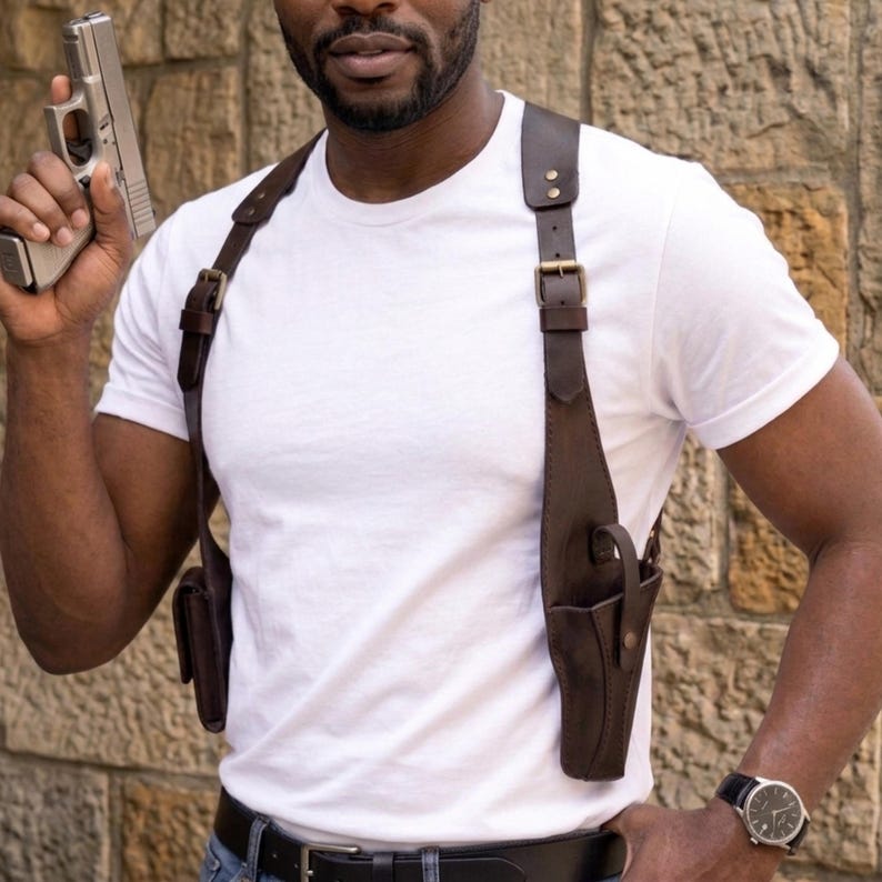 Premium Leather Gun Holster Bag for Men , Handmade Chest Harness ,Adjustable Hunting holster.