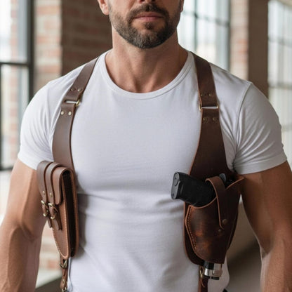 Vintage Premium Leather Gun Holster for Men , Adjustable Gun Holster Harness , Hunting Leather Holster.