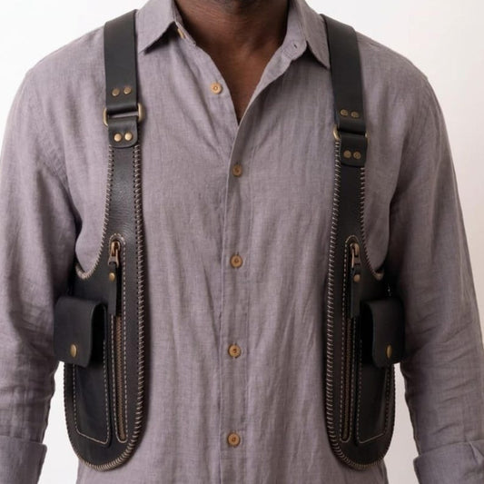 Handmade Genuine Leather Chest Harness Bag, Adjustable Crossbody Utility Vest Bag