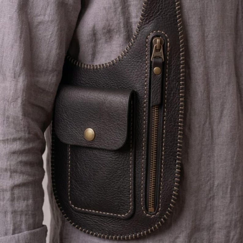 Handmade Genuine Leather Chest Harness Bag, Adjustable Crossbody Utility Vest Bag
