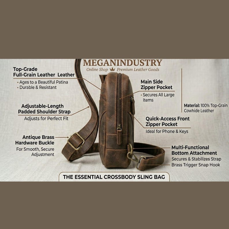 Full-Grain Leather Crossbody Sling Bag, Vintage Adjustable Travel Harness Bag