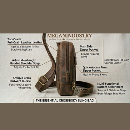 Full-Grain Leather Crossbody Sling Bag, Vintage Adjustable Travel Harness Bag